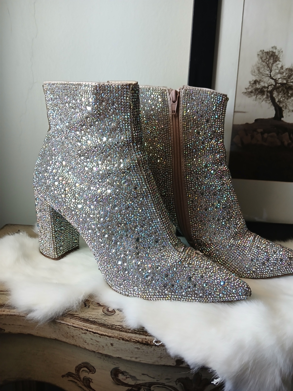 Betsey Johnson Crystal-Encrusted Ankle Boots - Iridescent Silver